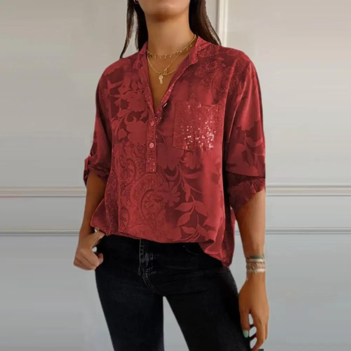 Ellis | Women's Linen Jacquard V-Neck Pocket Shirt Casual