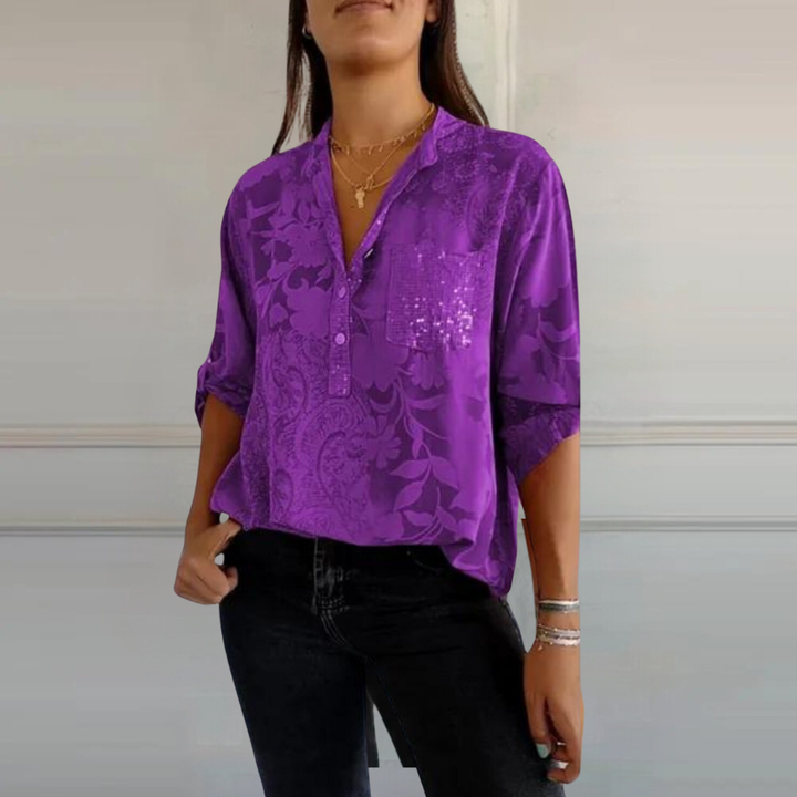 Ellis | Women's Linen Jacquard V-Neck Pocket Shirt Casual