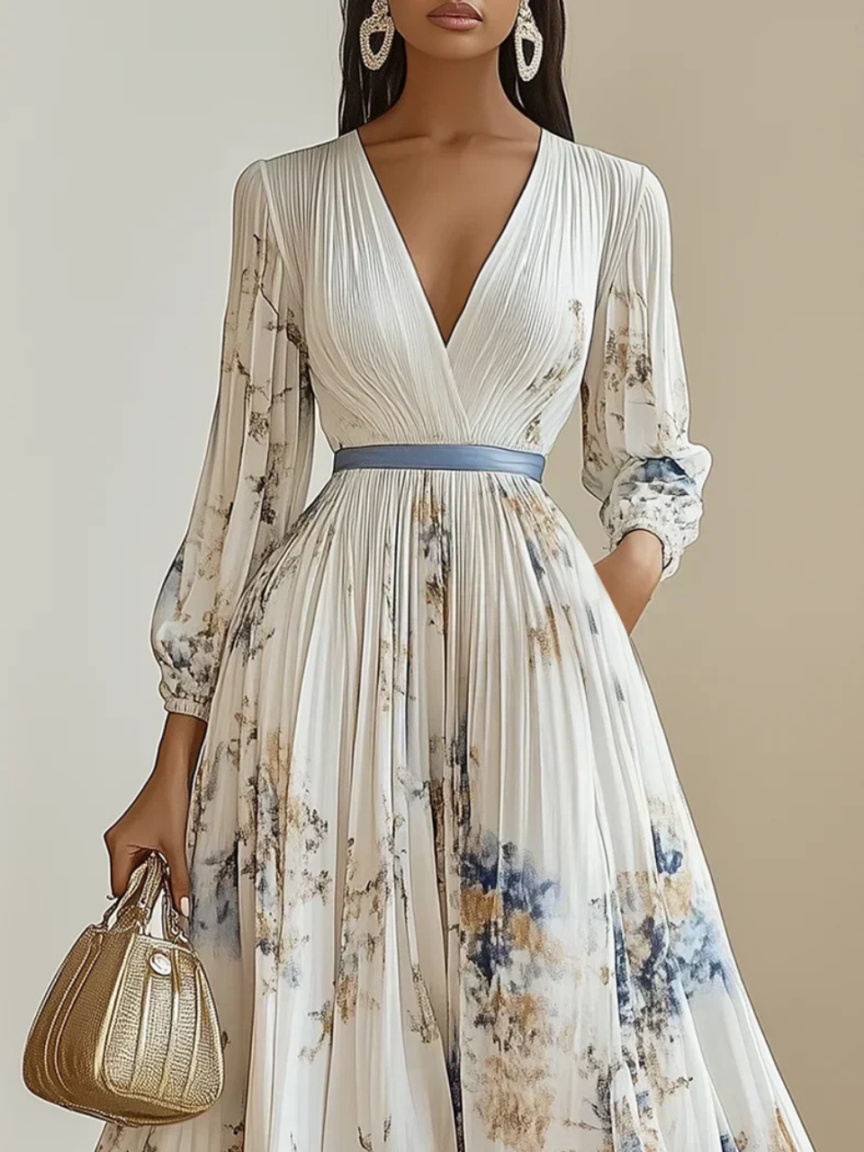 Elowen | Women's Chiffon Pleated V-Neck Floral Maxi Dress