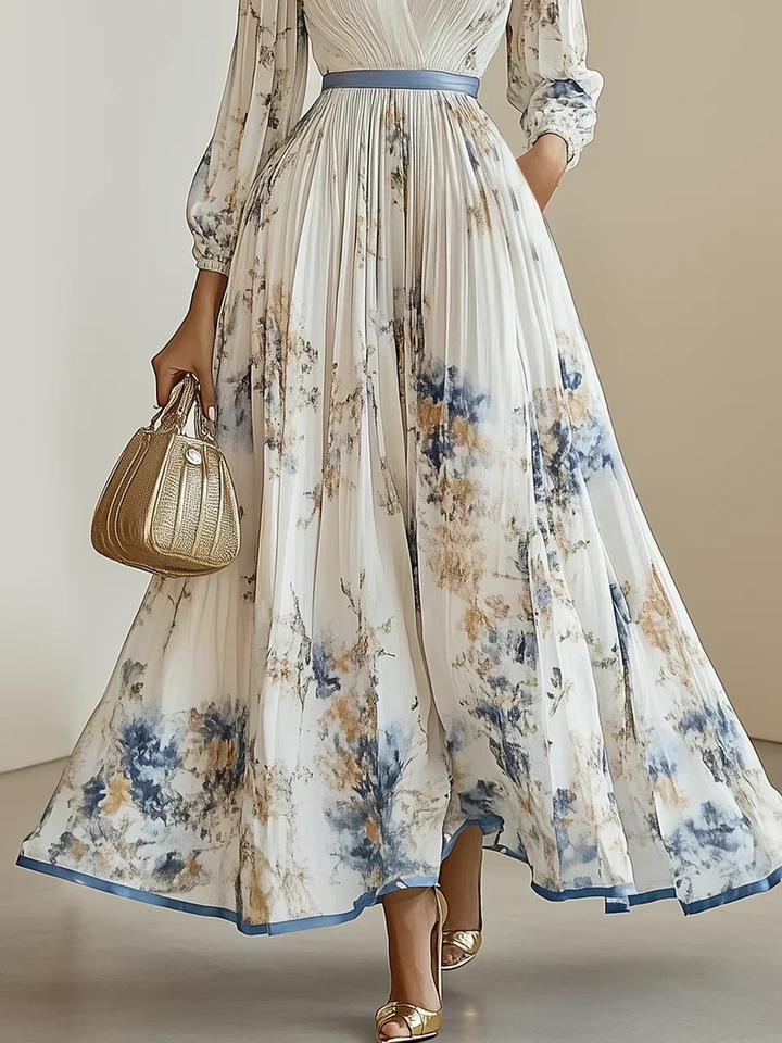 Elowen | Women's Chiffon Pleated V-Neck Floral Maxi Dress