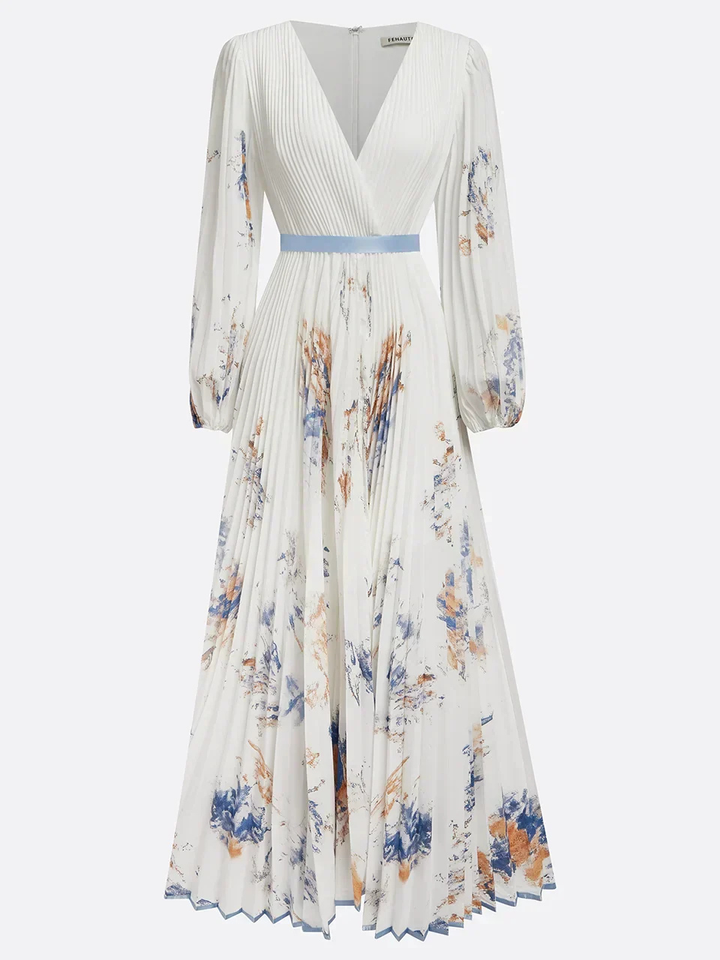Elowen | Women's Chiffon Pleated V-Neck Floral Maxi Dress