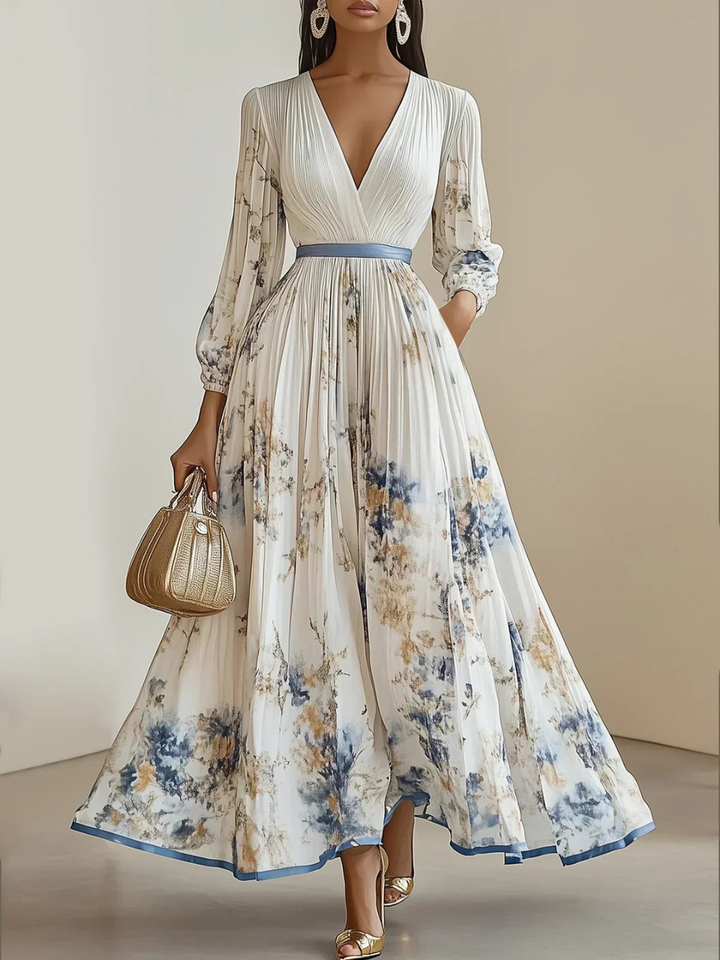 Elowen | Women's Chiffon Pleated V-Neck Floral Maxi Dress