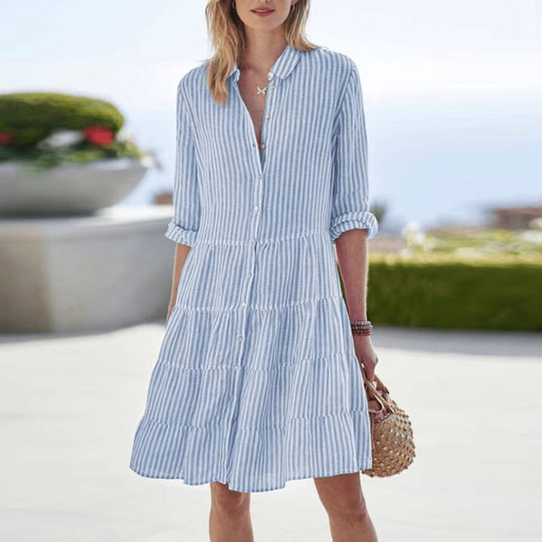 Emmeline | Women's Linen Striped Tiered Shirt Dress