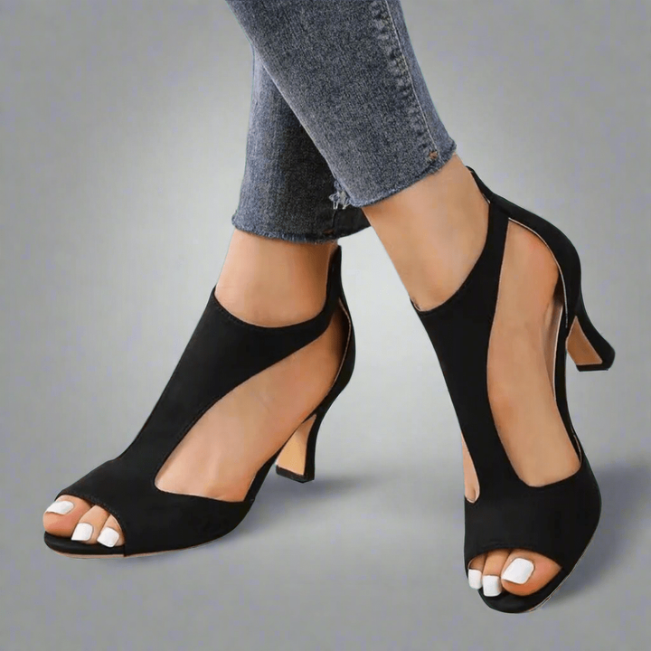 Estelle | Women's Suede Peep-Toe T-Strap Kitten Heel Sandals Elegant