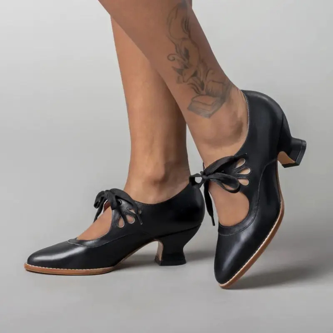 Evangeline | Women's Leather Vintage Lace-Up Block Heel Pumps