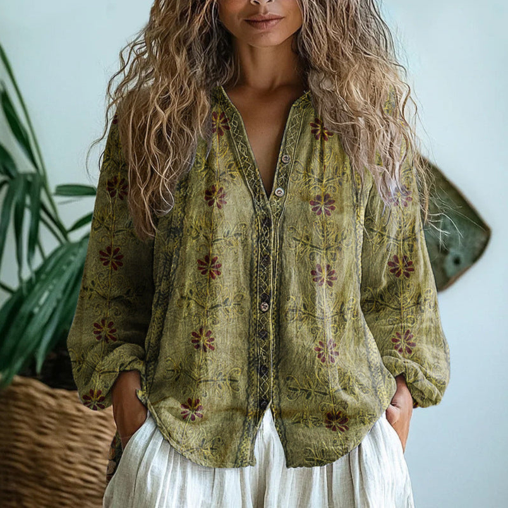 Fauna | Women's Linen Boho Print V-Neck Button Down Blouse