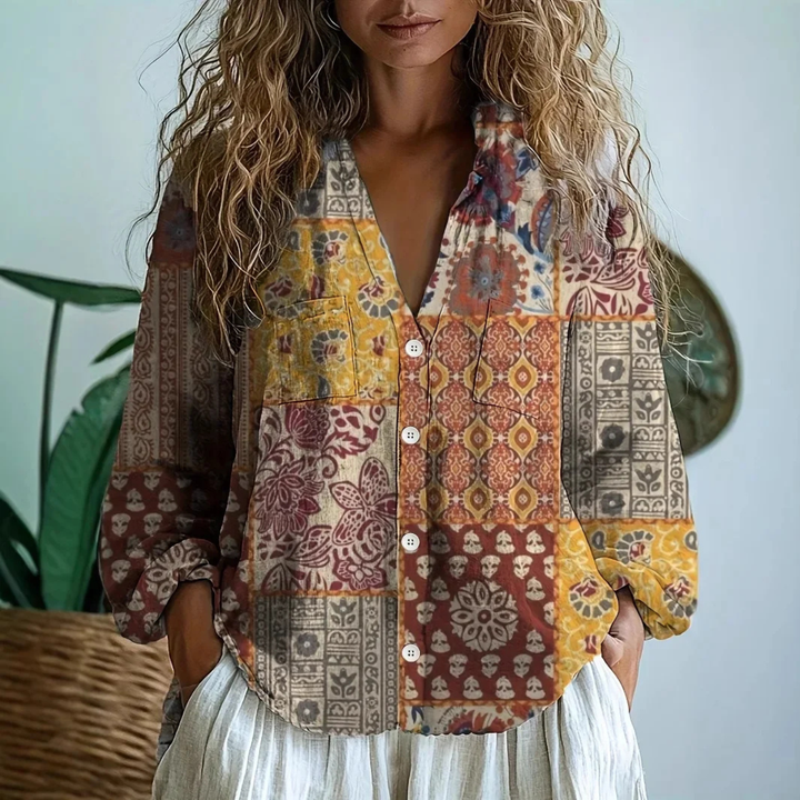 Fauna | Women's Linen Boho Print V-Neck Button Down Blouse