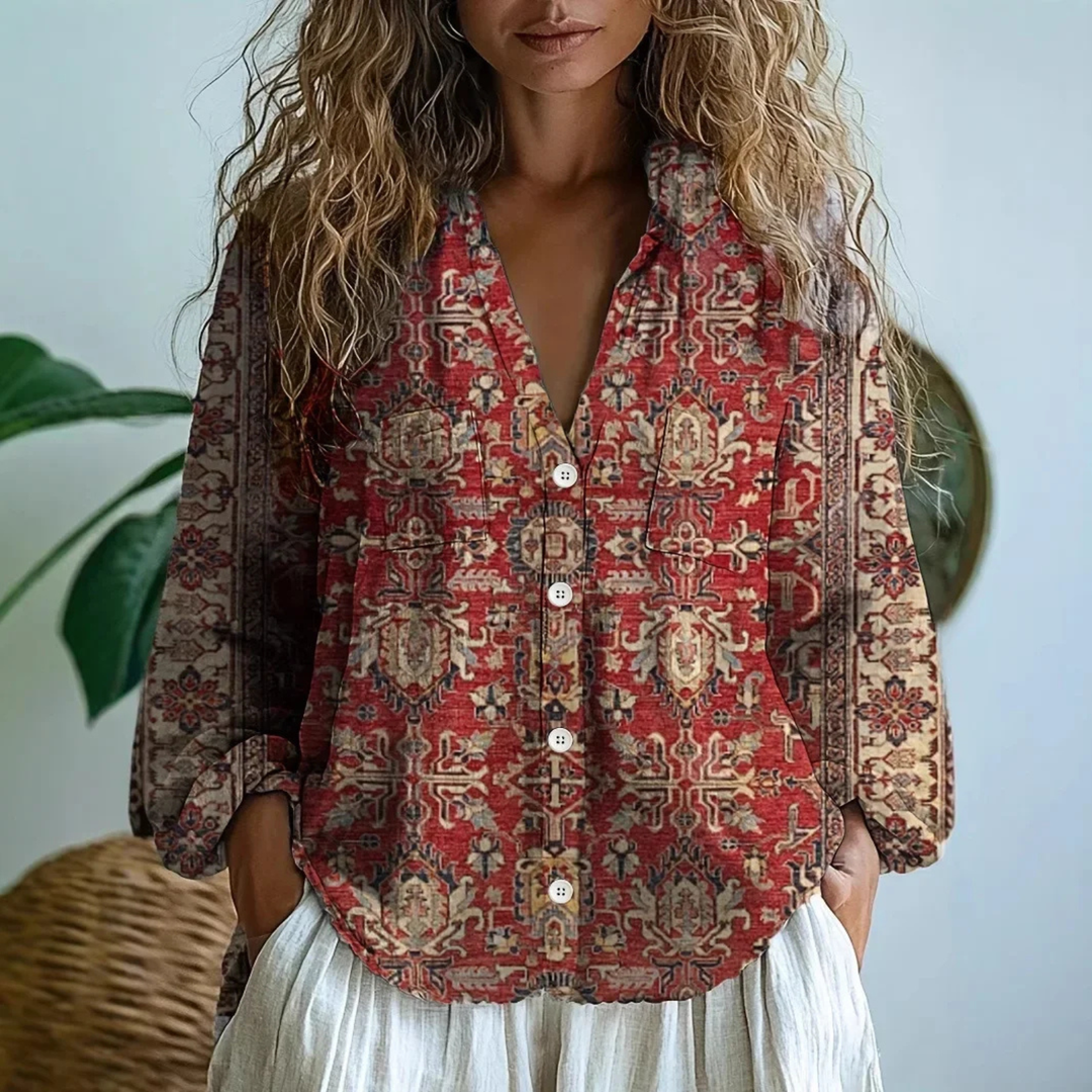 Fauna | Women's Linen Boho Print V-Neck Button Down Blouse