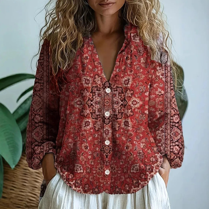 Fauna | Women's Linen Boho Print V-Neck Button Down Blouse