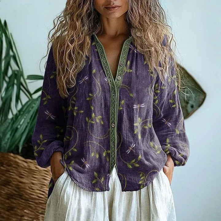 Fauna | Women's Linen Boho Print V-Neck Button Down Blouse