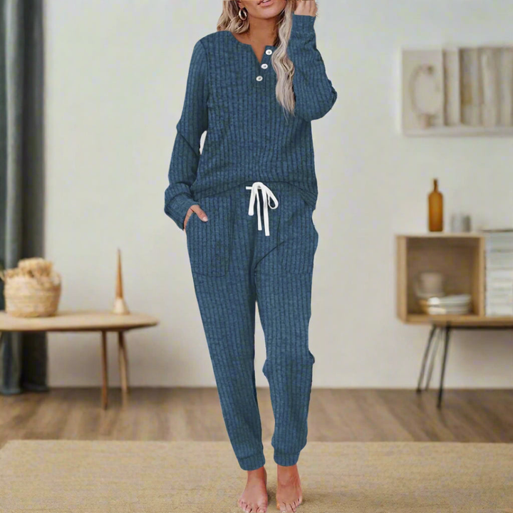 Faye | Women's Cotton-Blend Ribbed Henley Lounge Set