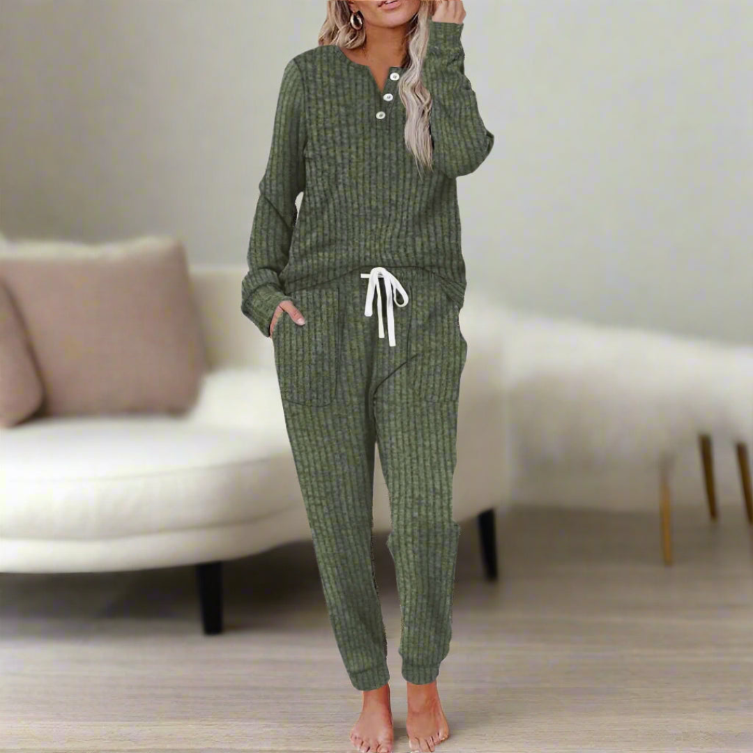 Faye | Women's Cotton-Blend Ribbed Henley Lounge Set