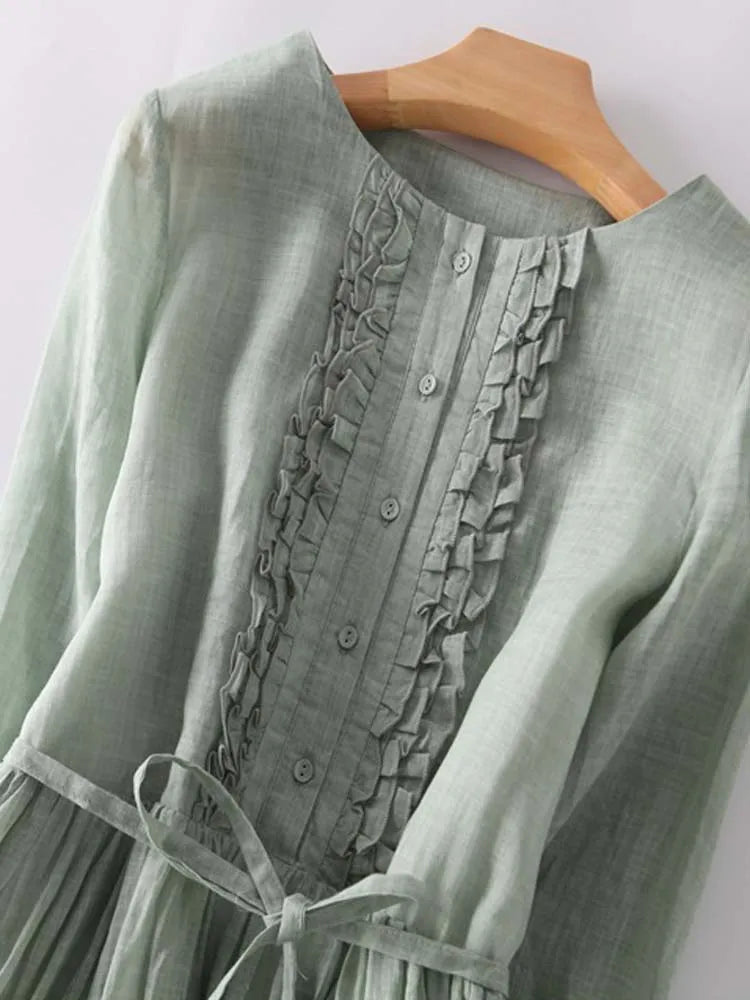 Fern | Women's Linen Ruffle-Front Tie-Waist Maxi Dress