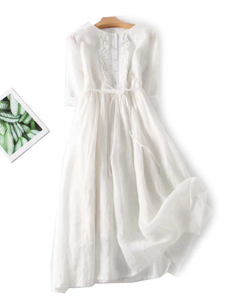 Fern | Women's Linen Ruffle-Front Tie-Waist Maxi Dress