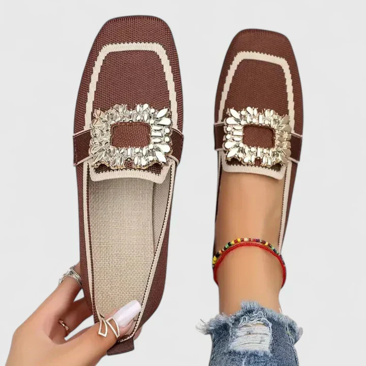 Ferne | Women's Breathable Knit Jewel Buckle Square Toe Flat Loafers
