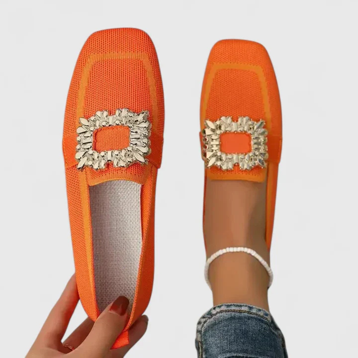 Ferne | Women's Breathable Knit Jewel Buckle Square Toe Flat Loafers