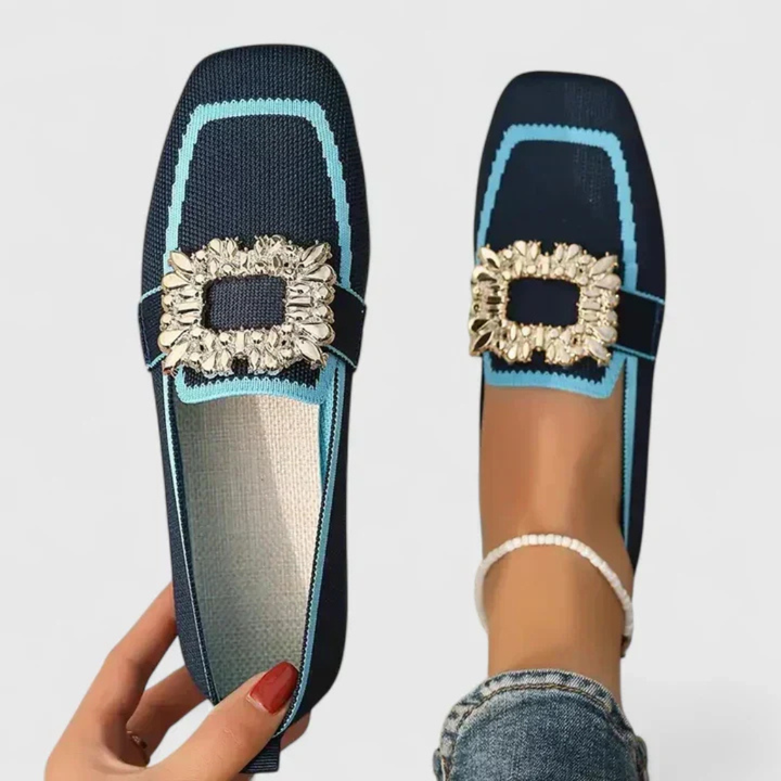Ferne | Women's Breathable Knit Jewel Buckle Square Toe Flat Loafers