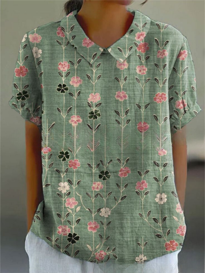 Ferne | Women's Linen Print Collared Short Sleeve Top