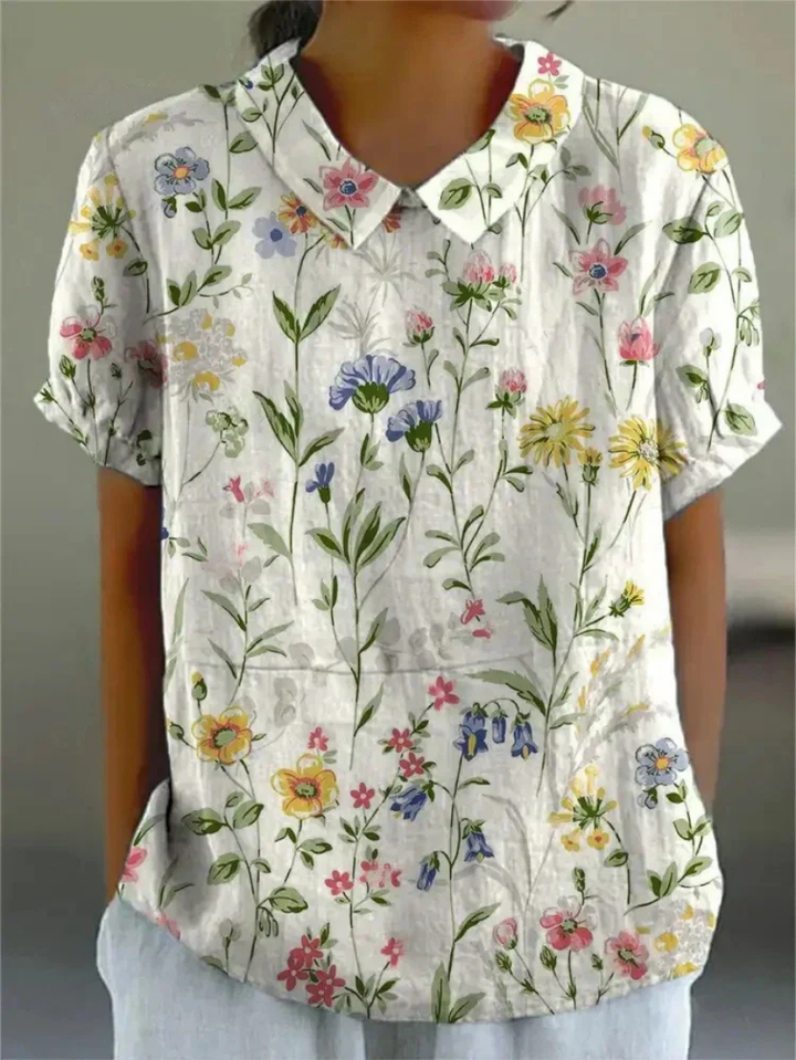 Ferne | Women's Linen Print Collared Short Sleeve Top