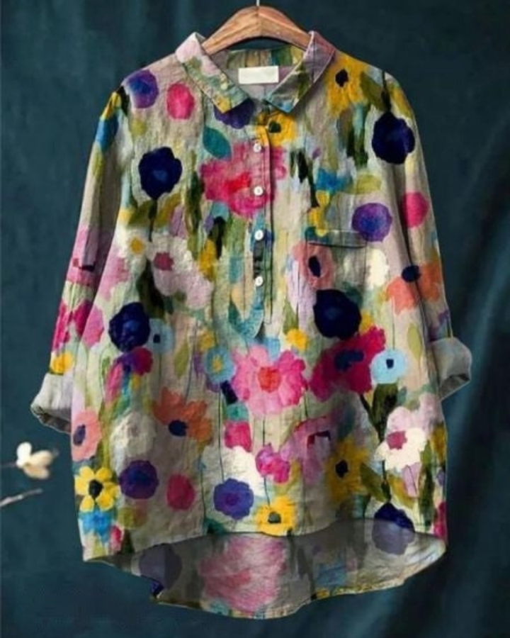 Floriane | Women's Linen Printed Oversized Button-Down Shirt