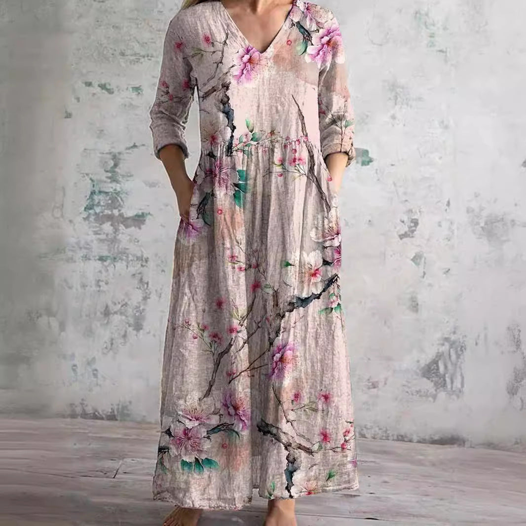 Florrie | Women's Cotton Floral Print Relaxed V-Neck Maxi Dress