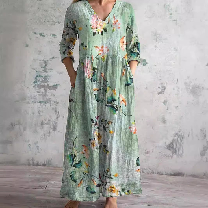 Florrie | Women's Cotton Floral Print Relaxed V-Neck Maxi Dress
