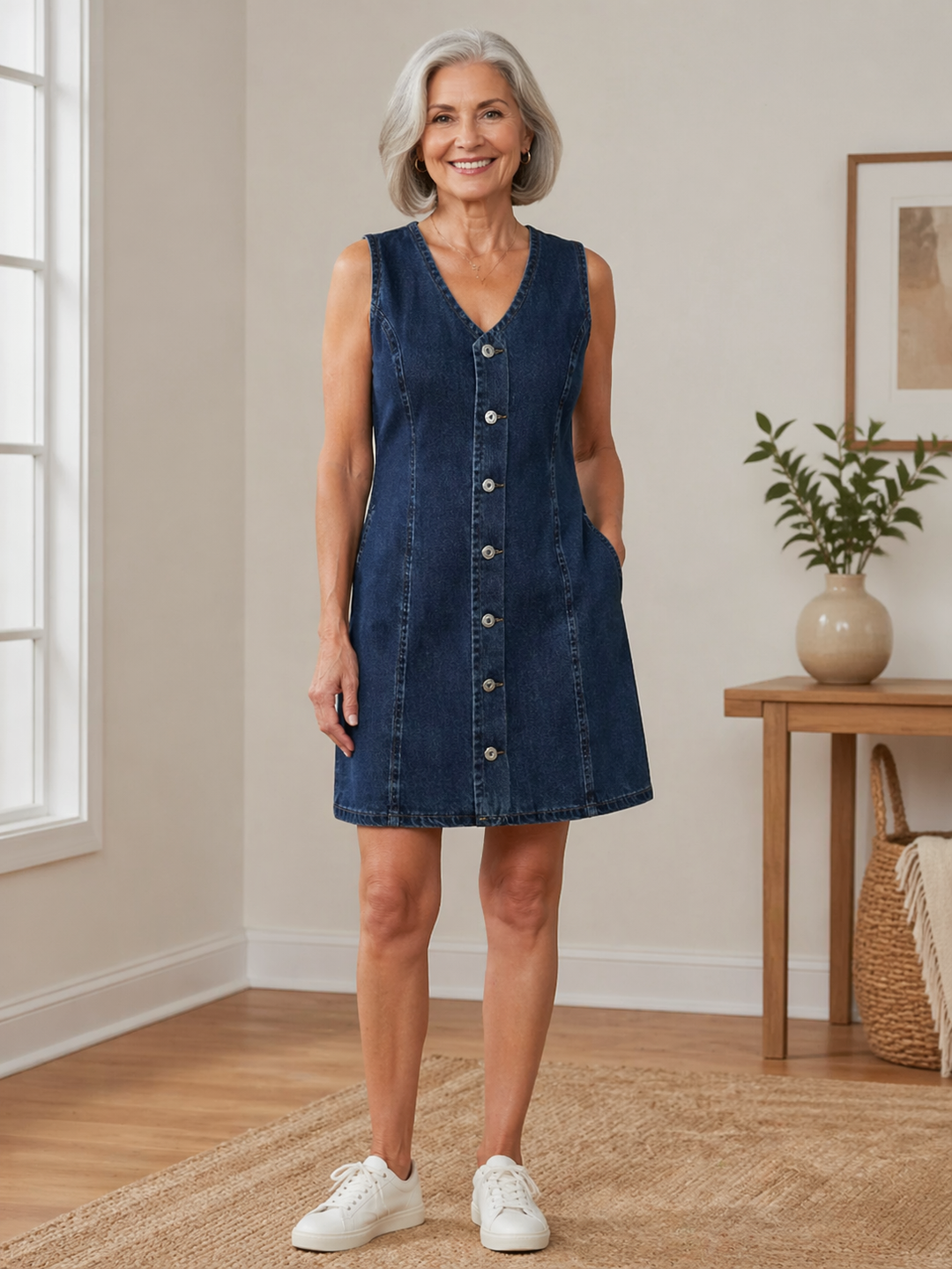 Freya | Women's Denim V-Neck Button-Front Sleeveless Mini Dress