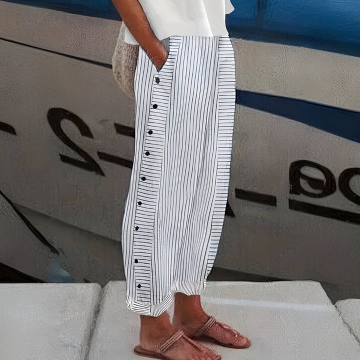 Freya | Women's Linen Stripe Button-Side Relaxed Trousers