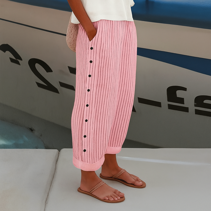 Freya | Women's Linen Stripe Button-Side Relaxed Trousers
