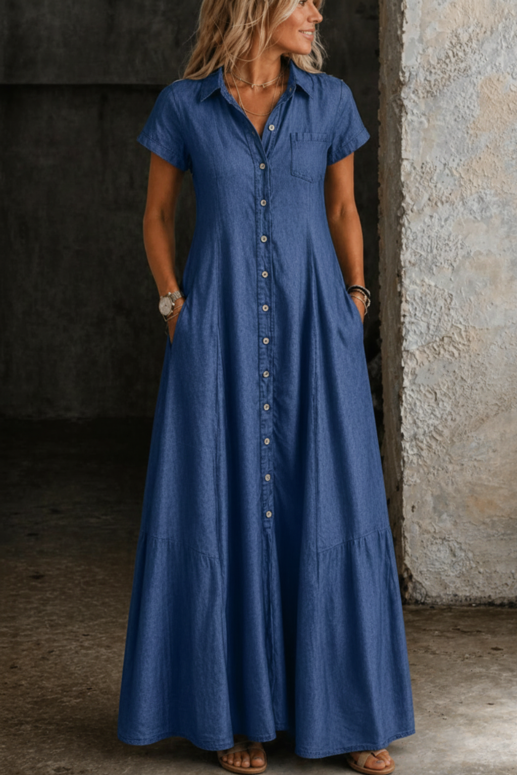 Gemma | Women's Denim Button-Down A-Line Maxi Dress