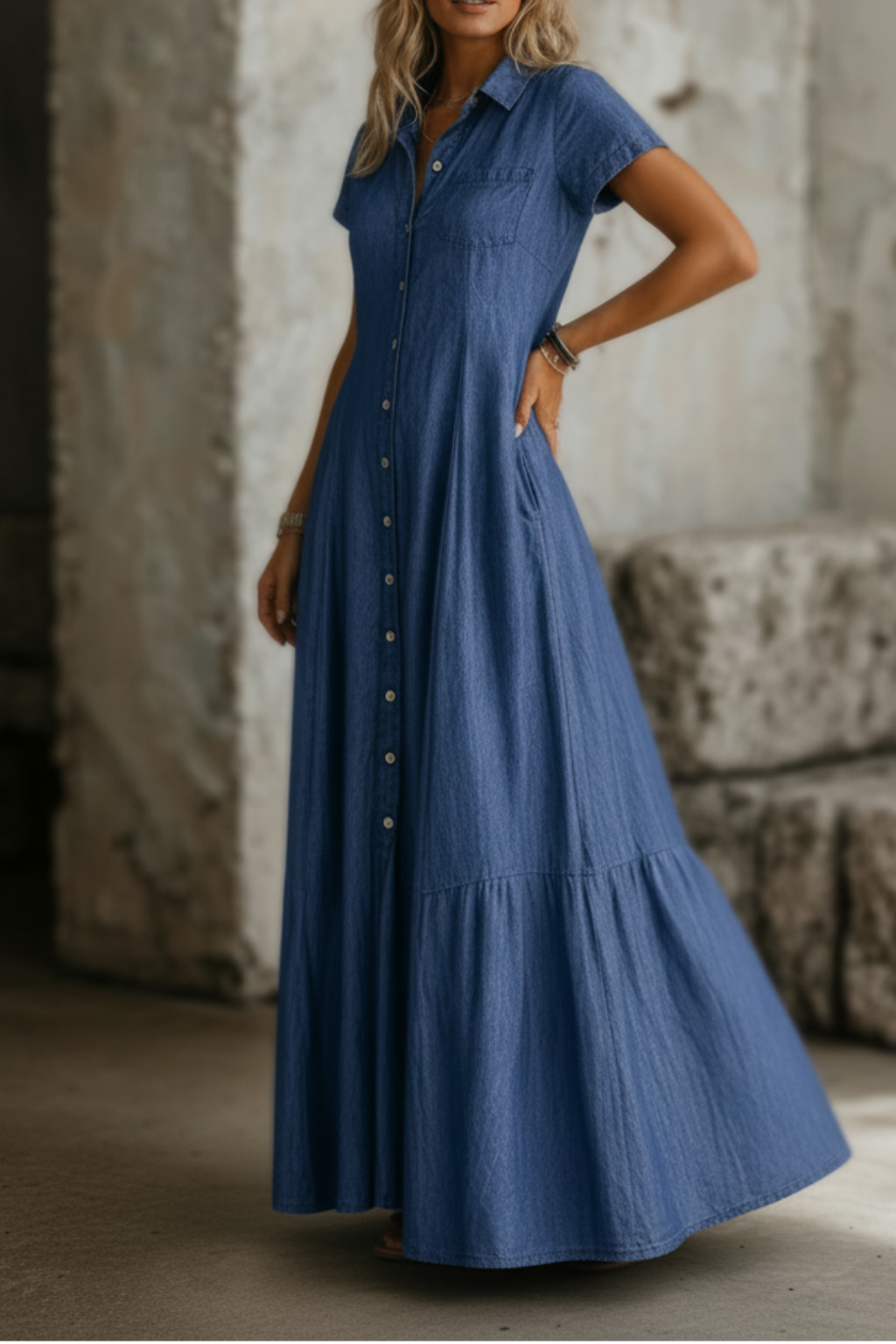 Gemma | Women's Denim Button-Down A-Line Maxi Dress