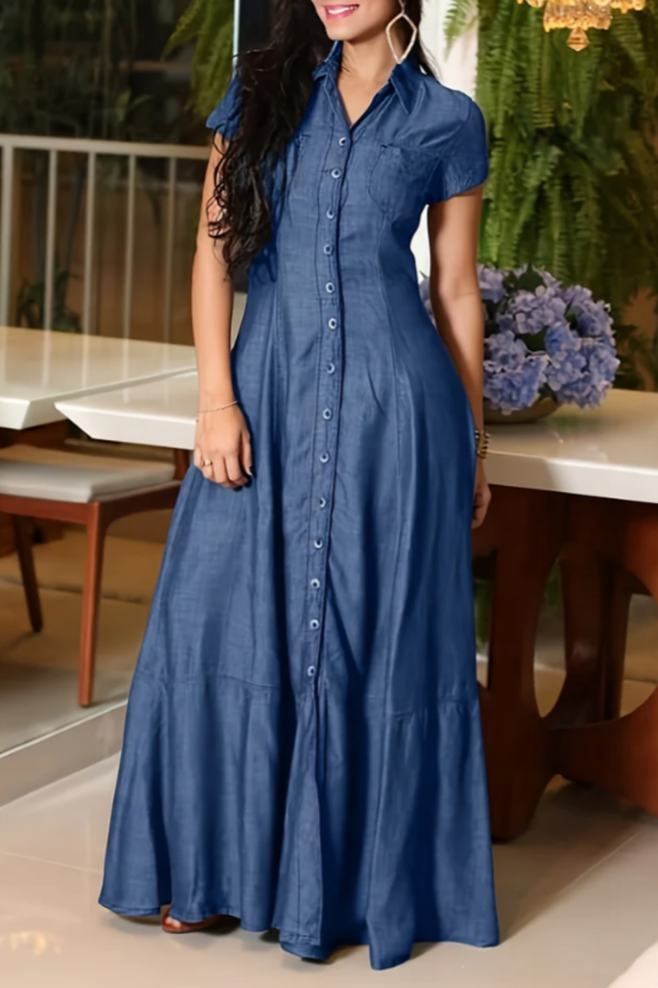 Gemma | Women's Denim Button-Down A-Line Maxi Dress