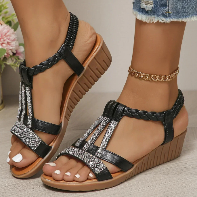 Gemma | Women's Leather Rhinestone Strappy Wedge Sandals
