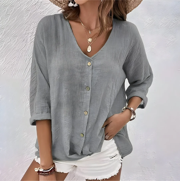 Gemma | Women's Linen V-Neck Button-Down Blouse