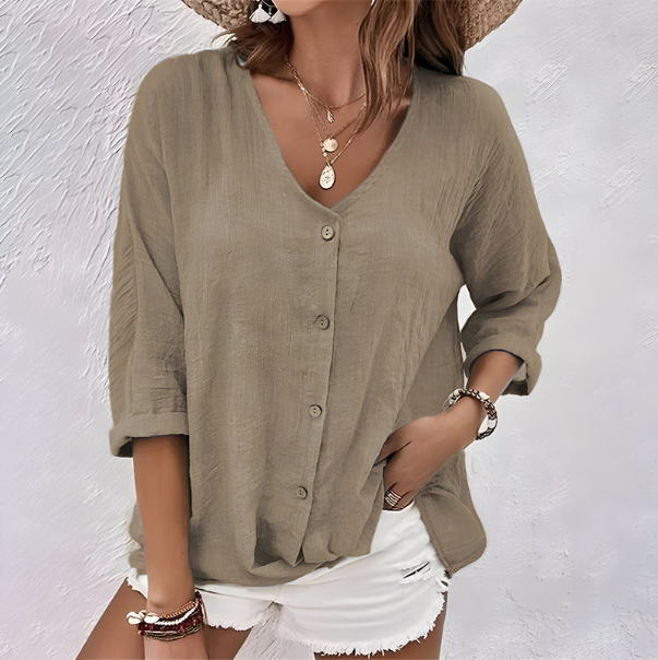 Gemma | Women's Linen V-Neck Button-Down Blouse