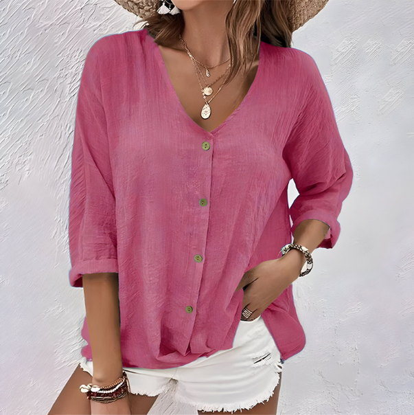 Gemma | Women's Linen V-Neck Button-Down Blouse