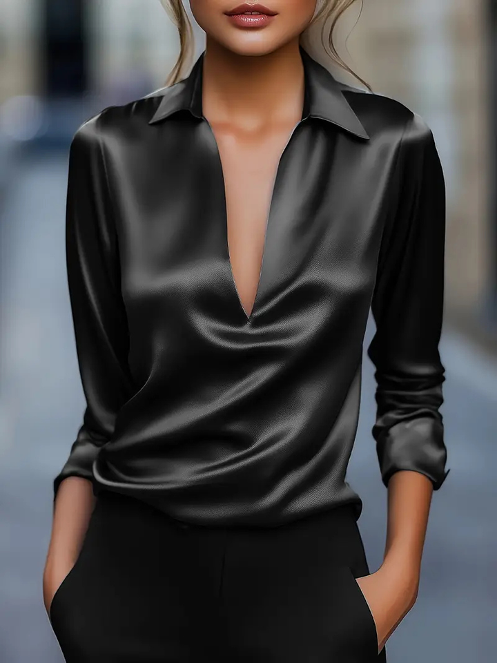 Giselle | Women's Satin Draped V-Neck Collared Elegant Blouse