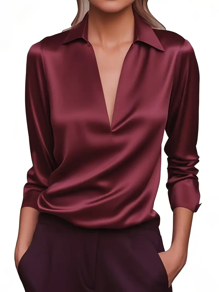 Giselle | Women's Satin Draped V-Neck Collared Elegant Blouse
