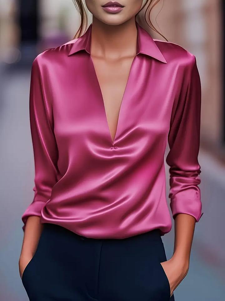 Giselle | Women's Satin Draped V-Neck Collared Elegant Blouse