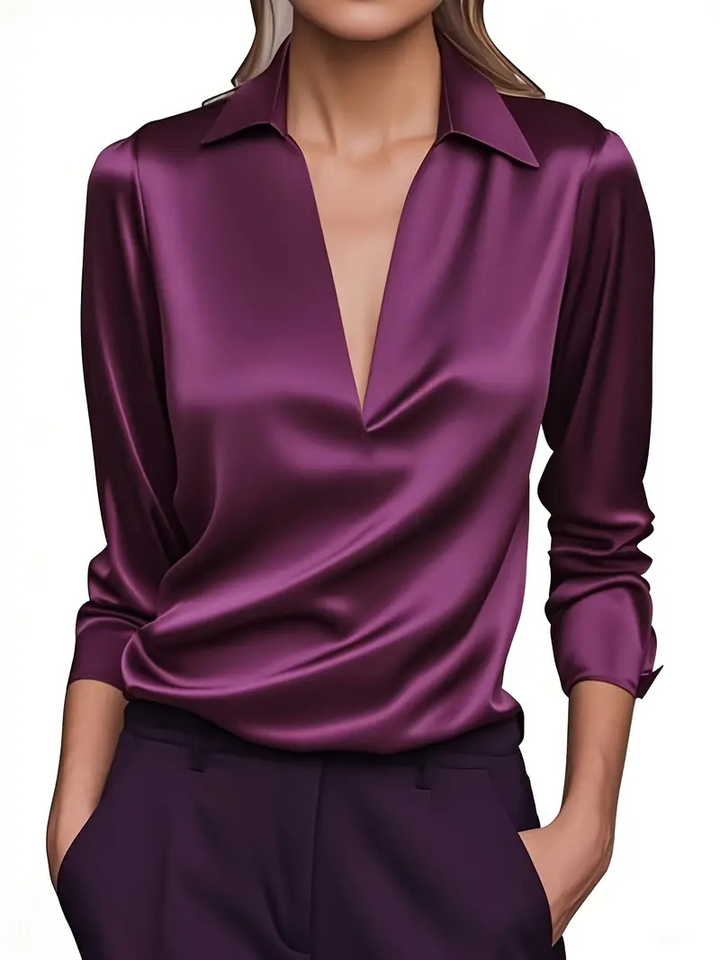 Giselle | Women's Satin Draped V-Neck Collared Elegant Blouse