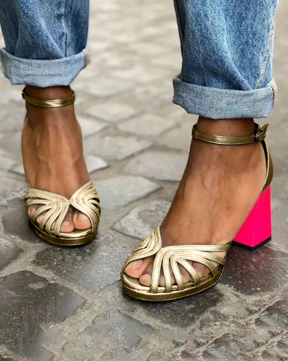 Golda | Women's Gold Leather Metallic Strappy Ankle-Strap Block Heel Sandals
