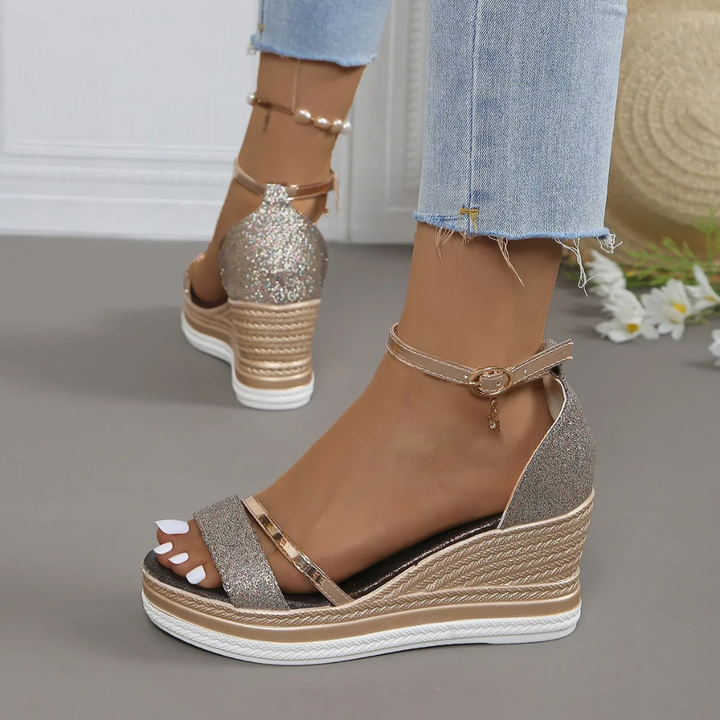 Goldie | Women's Glitter Espadrille Wedge Ankle-Strap Sandals