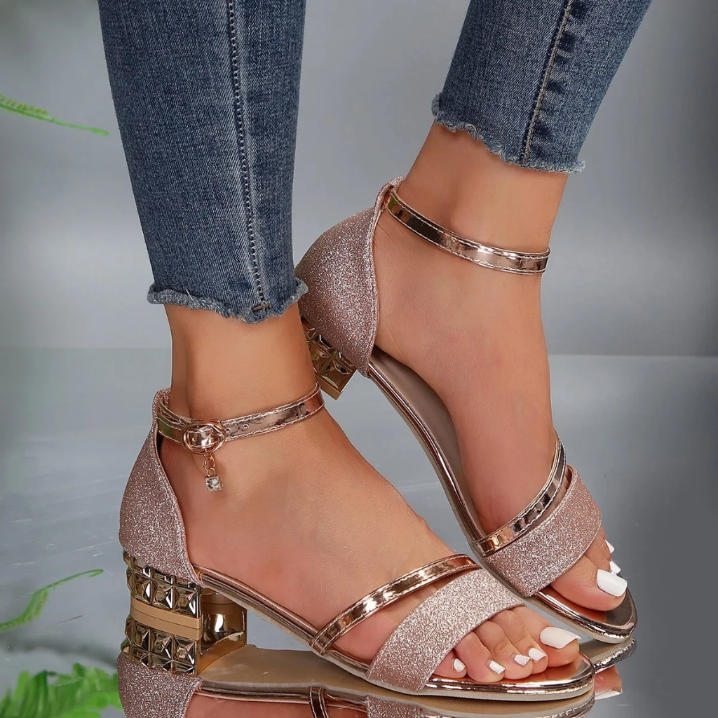 Goldie | Women's Leather Glitter Open-Toe Ankle Strap Block Heel Sandals