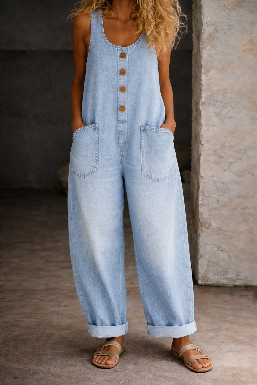 Hadley | Women's Denim Button-Front Wide Leg Jumpsuit