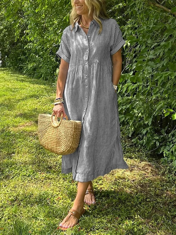 Hadley | Women's Linen Striped Button Down Midi Dress