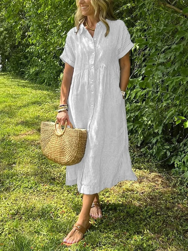 Hadley | Women's Linen Striped Button Down Midi Dress
