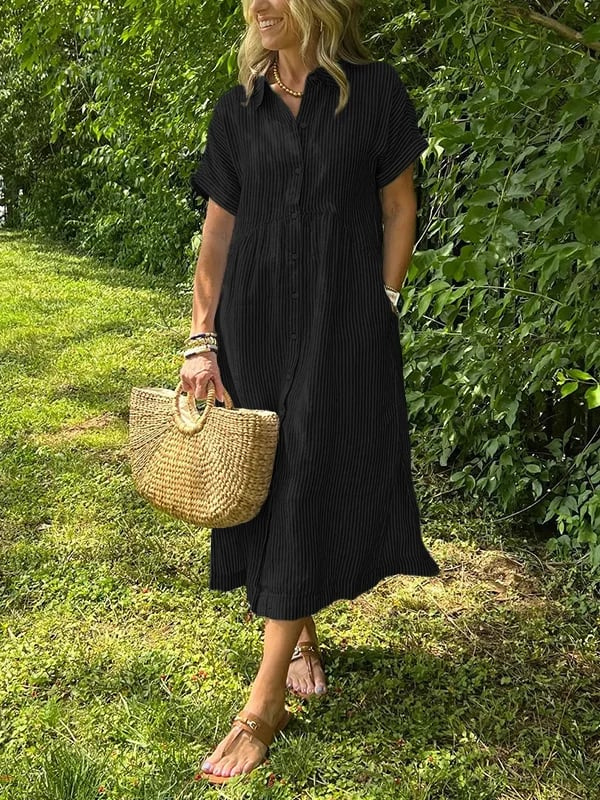 Hadley | Women's Linen Striped Button Down Midi Dress
