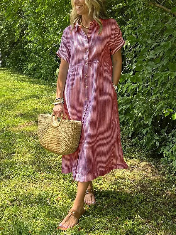 Hadley | Women's Linen Striped Button Down Midi Dress