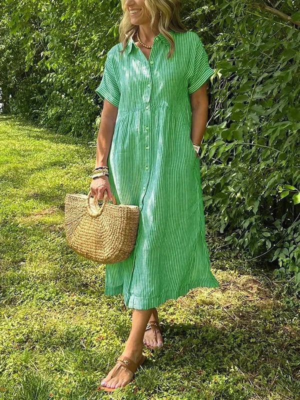 Hadley | Women's Linen Striped Button Down Midi Dress