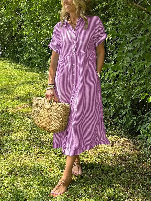 Hadley | Women's Linen Striped Button Down Midi Dress